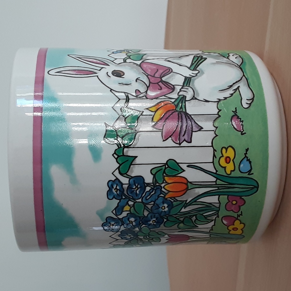 Easter Bunny White Rabbit Handle Cup Mug Spring Flowers Butterfly 8 oz - Picture 4 of 6